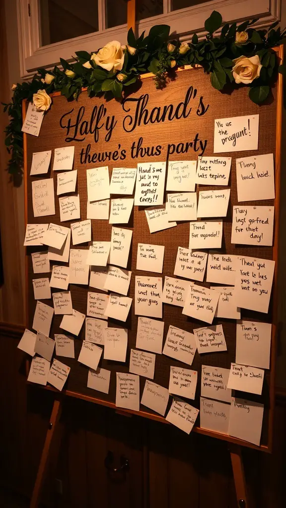 A decorated message board with notes and flowers for a Galentine's party.