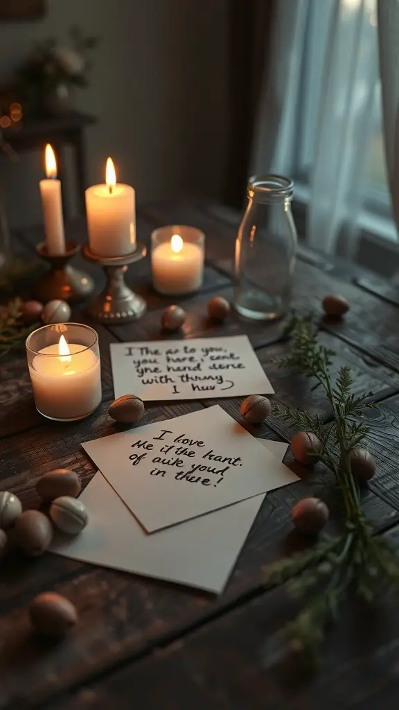27+ Creative DIY Valentine’s Day Decor Ideas You’ll Love 3 A cozy setup with candles and handwritten love notes on a wooden table, surrounded by natural elements.