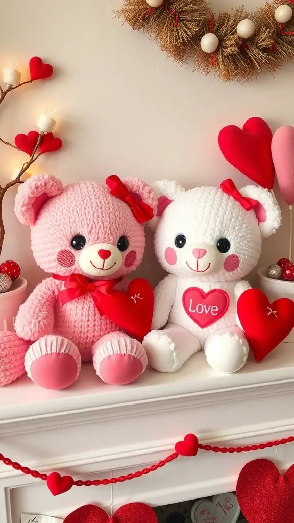 Two plush bears, one pink and one white, holding heart-shaped decorations on a mantle decorated for Valentine's Day.