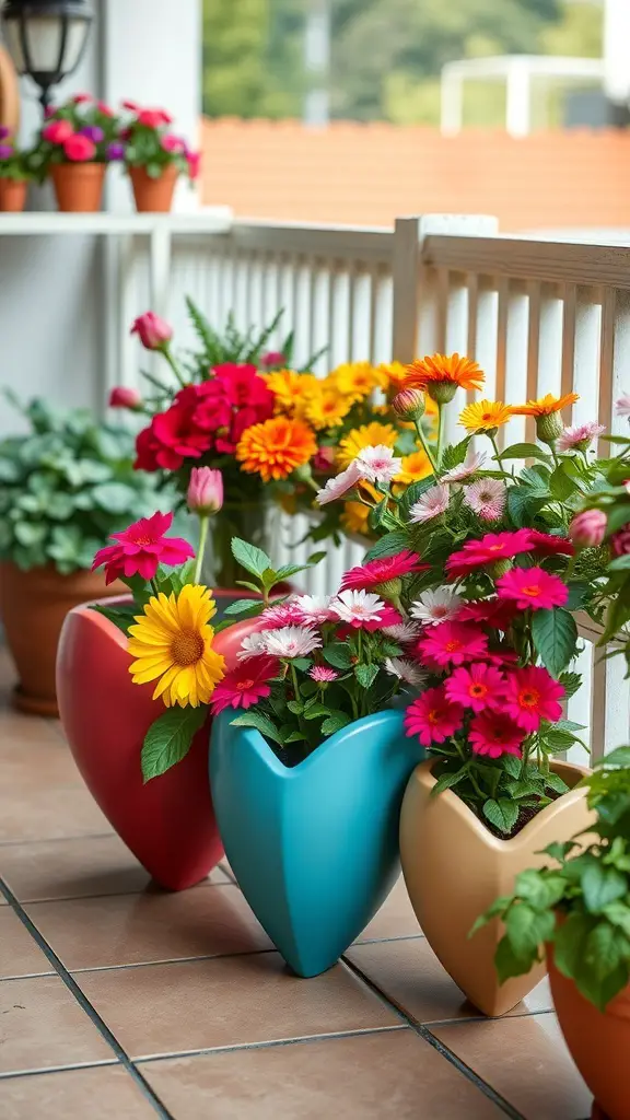 Colorful heart-shaped planters filled with flowers on a patio