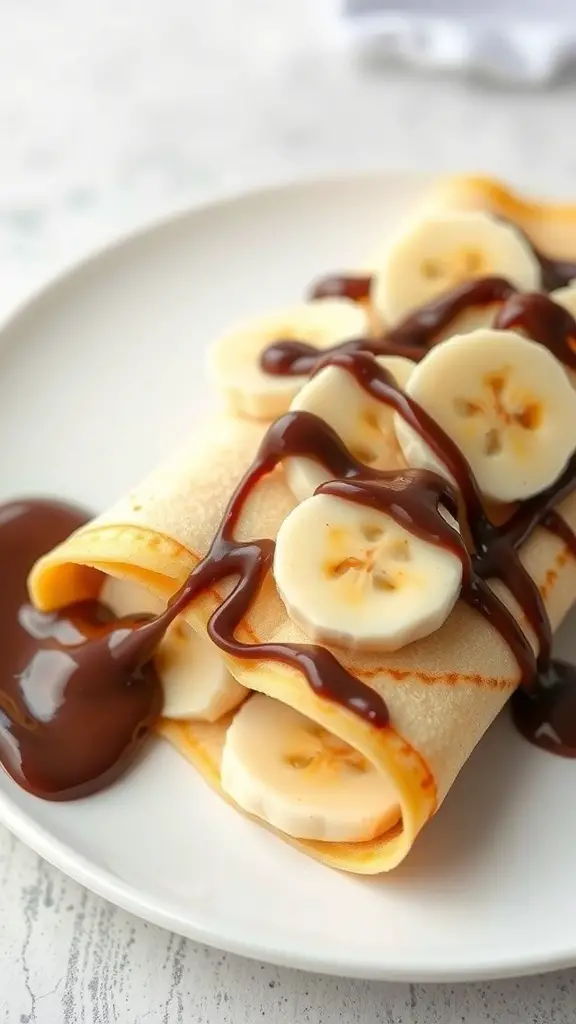 Delicious Nutella and banana crepes drizzled with chocolate sauce on a plate.