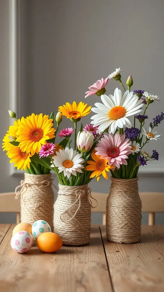 Three twine wrapped vases filled with colorful flowers and decorated with Easter eggs on a wooden table.