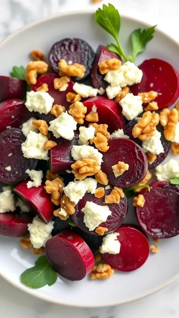A colorful roasted beet salad topped with feta cheese and walnuts.