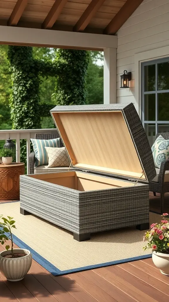 25+ Creative Porch Storage Ideas 2 A stylish multi-functional ottoman on a porch, featuring a lift-top design for storage.