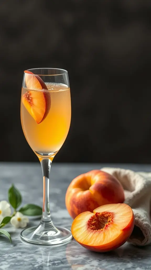 A glass of Peach Bellini garnished with a peach slice, with fresh peaches beside it.