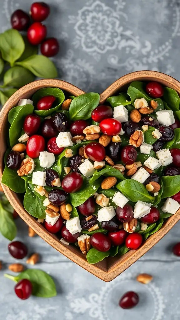A heart-shaped bowl filled with cranberry spinach salad, featuring spinach leaves, cranberries, feta cheese, and nuts.