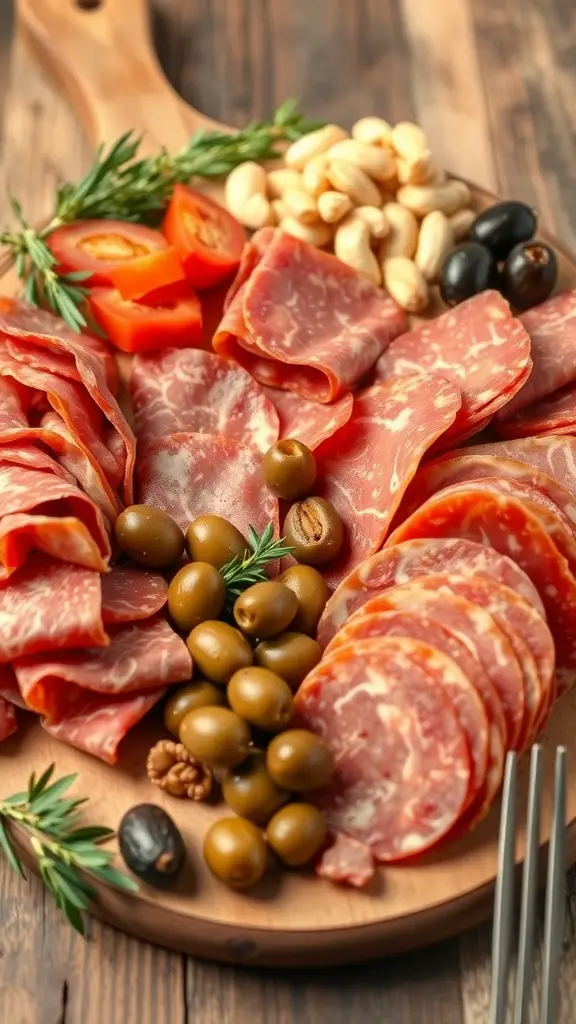 A beautifully arranged Easter grazing board featuring cured meats, olives, nuts, and fresh tomatoes.