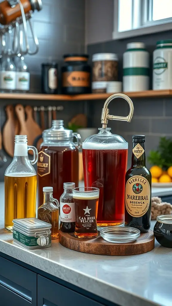 A variety of craft beer brewing supplies including bottles and ingredients