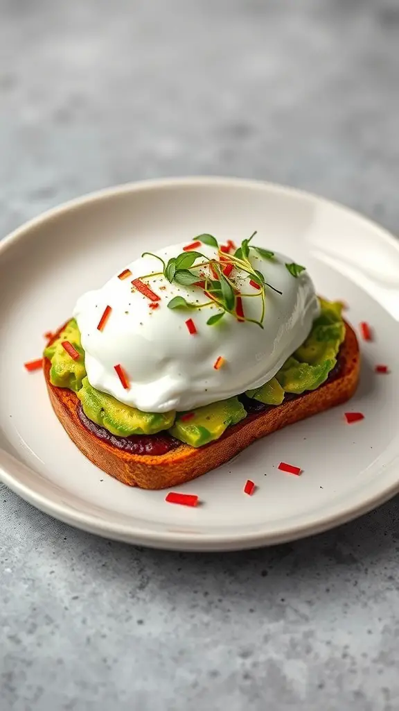 A slice of avocado toast topped with a poached egg, red chili flakes, and fresh herbs on a white plate.