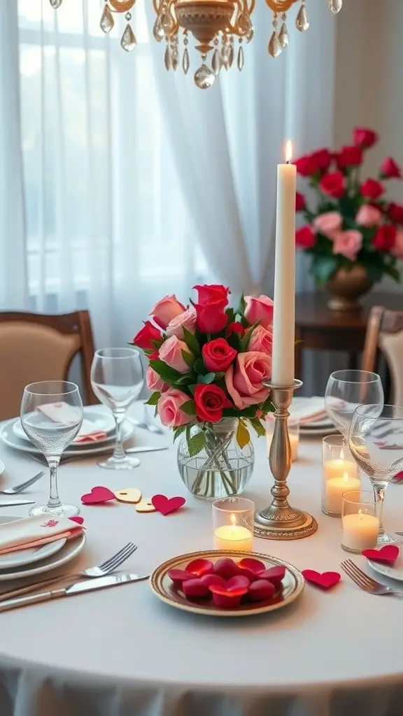 A romantic table setting featuring roses, candles, and heart decorations.