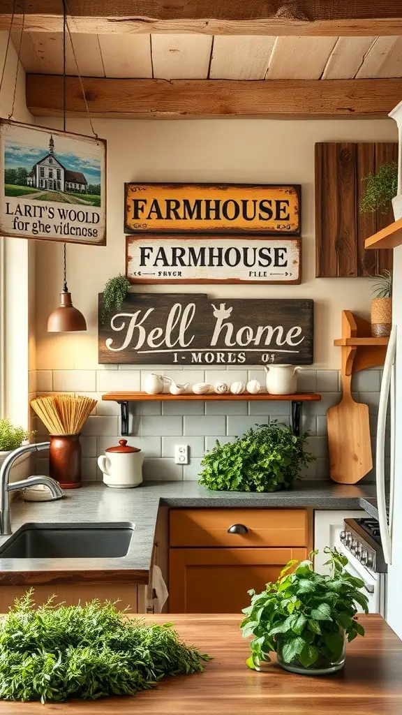 A cozy kitchen featuring vintage farmhouse signs on the wall, surrounded by fresh herbs.