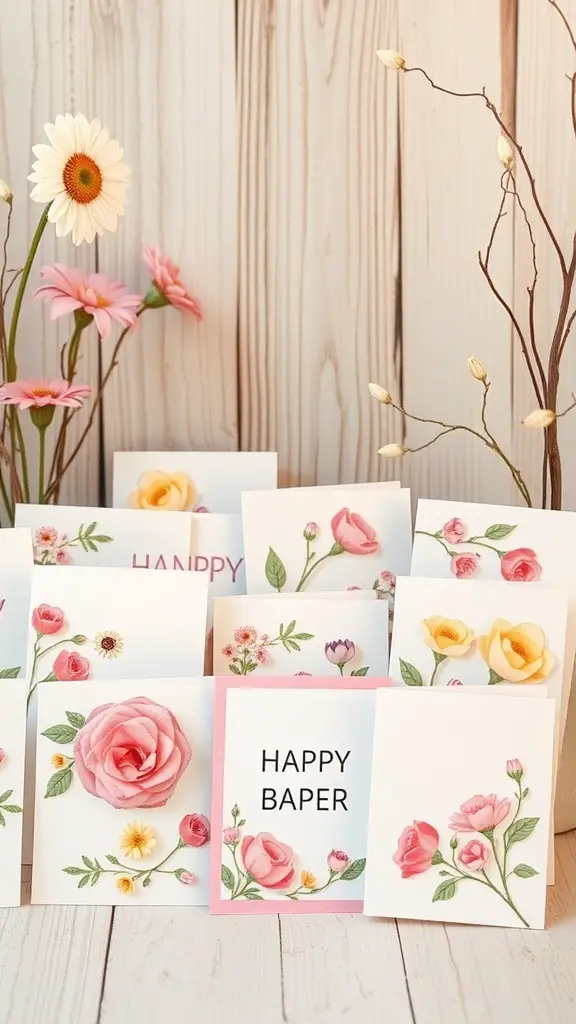 A collection of handcrafted spring greeting cards with floral designs.