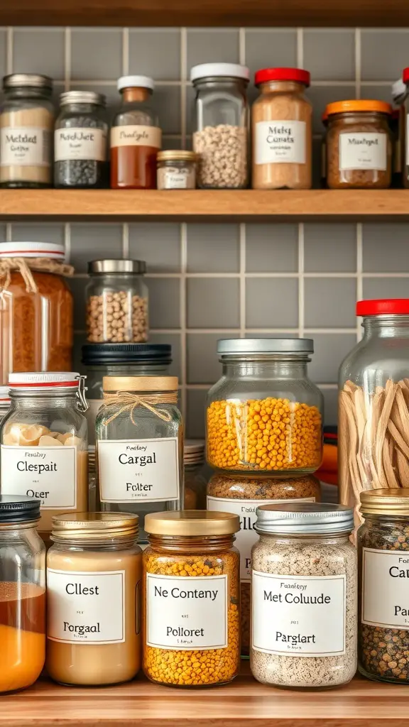 Organized kitchen shelf with labeled jars and containers