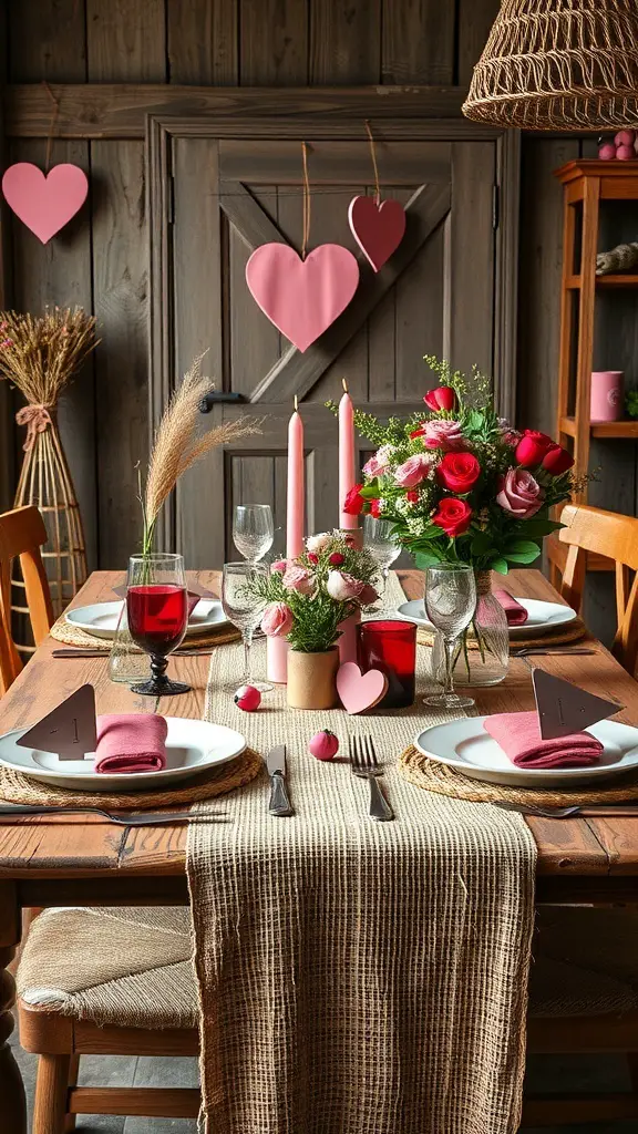 29+ Stunning Valentine's Tablescape Ideas to Impress Your Sweetheart 9 A rustic Valentine's Day tablescape featuring a wooden table, pink hearts, flowers, and candles.