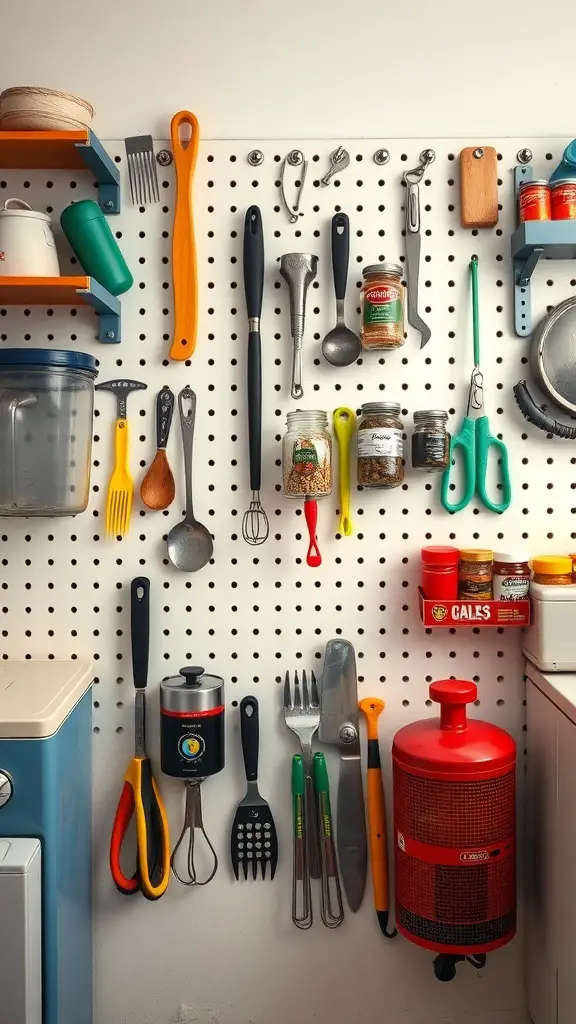 A pegboard in a kitchen displaying various utensils and spice jars.