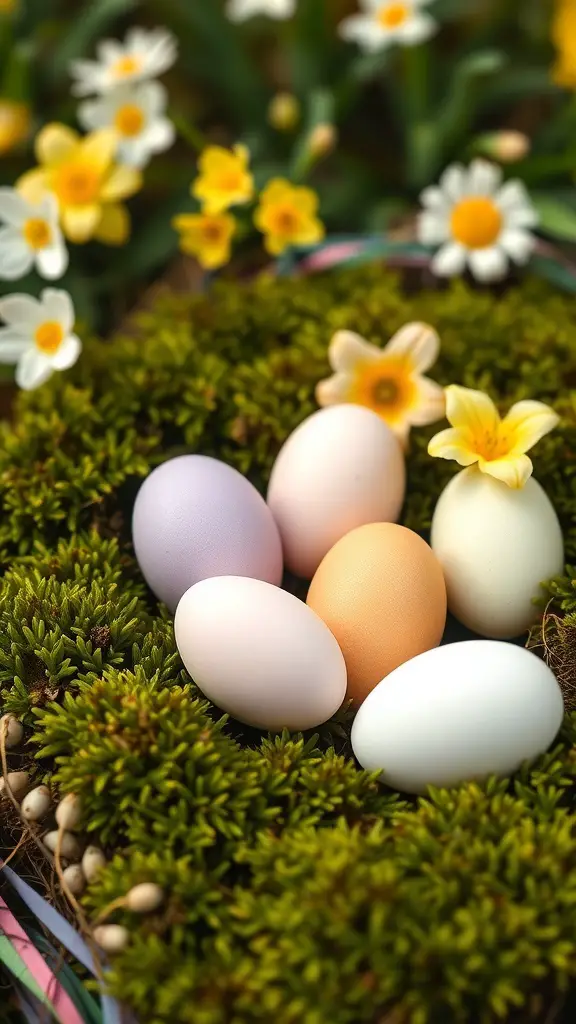 A display of pastel Easter eggs on green moss with yellow flowers.