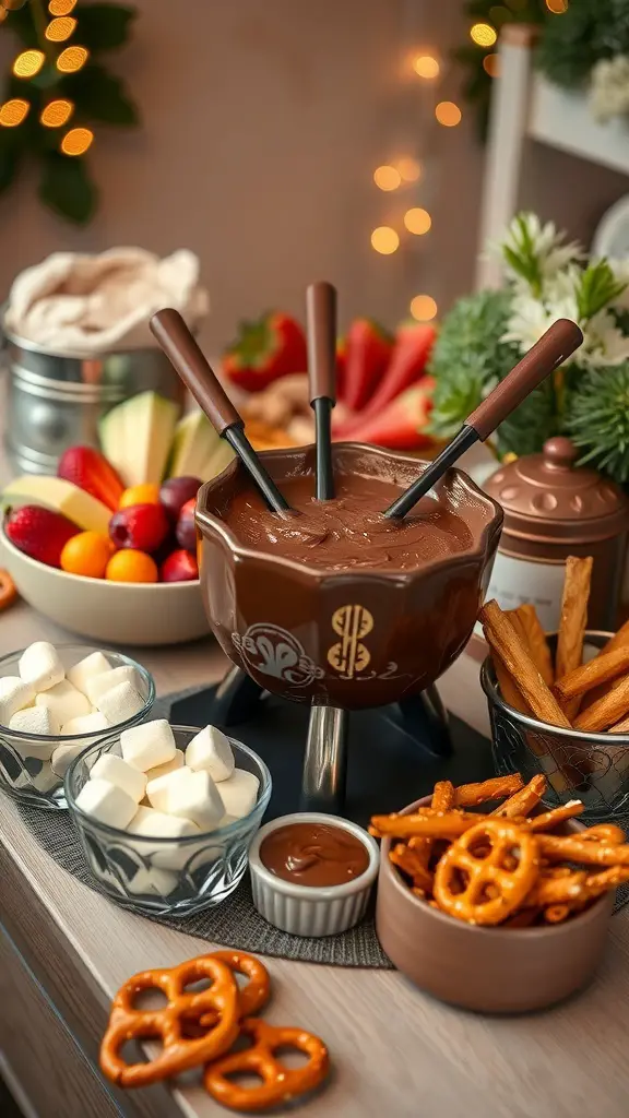 A chocolate fondue station featuring a pot of melted chocolate surrounded by various dippables like fruits, pretzels, and marshmallows.