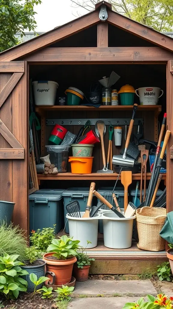 29+ Creative Bin Organization Ideas 12 A well-organized garden shed with various tools and bins