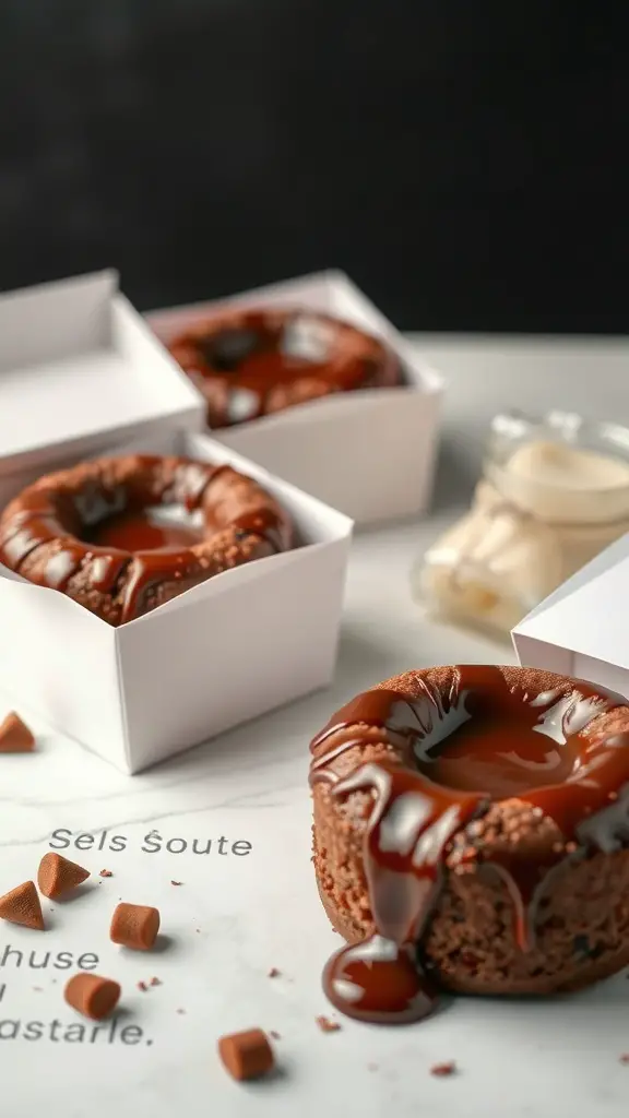 Chocolate lava cakes in white boxes with chocolate sauce dripping from the top.