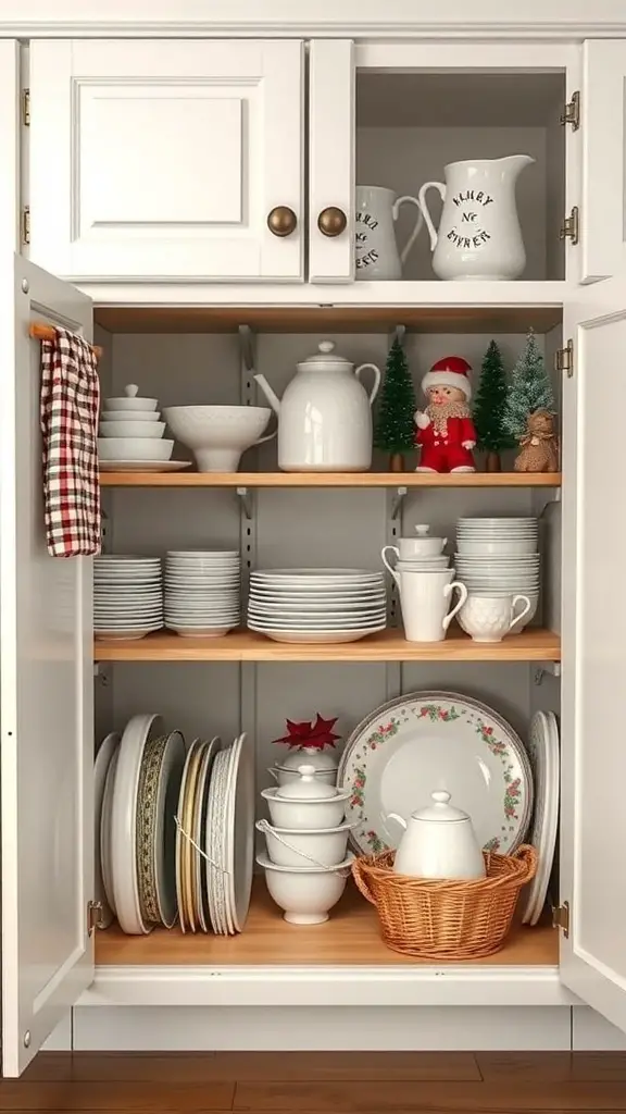 Organized kitchen cupboard with seasonal items and dishes