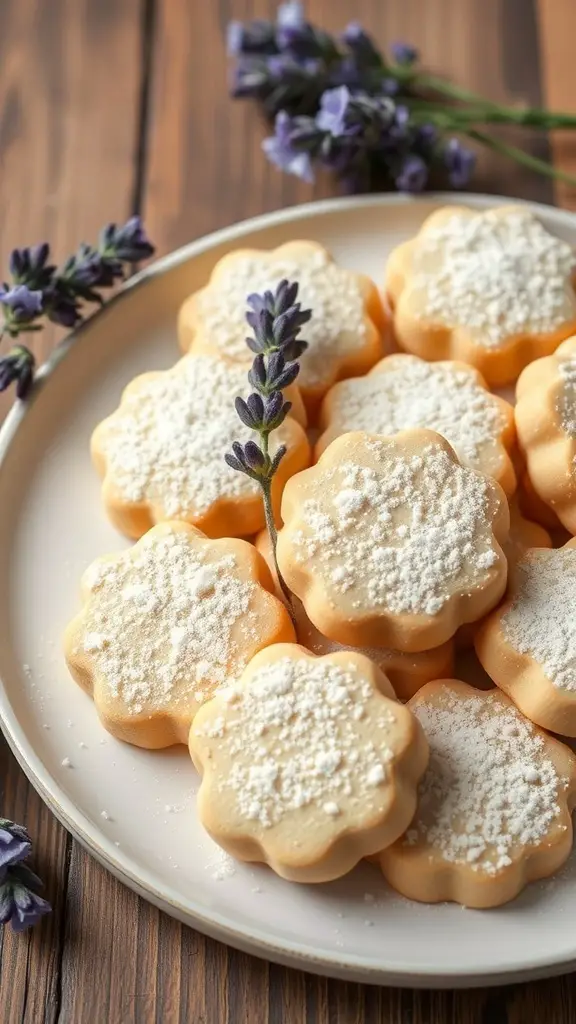 A plate of lavender honey shortbread cookies shaped like flowers, dusted with powdered sugar and garnished with fresh lavender.