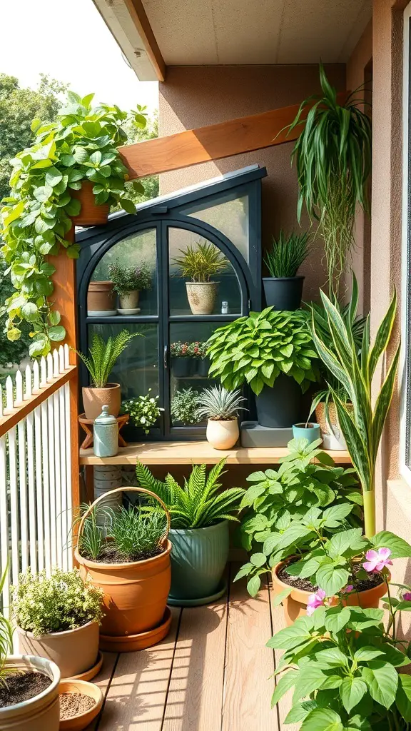 29+ Creative Balcony Storage Ideas 16 A balcony mini greenhouse with various plants organized in pots and a small greenhouse structure.