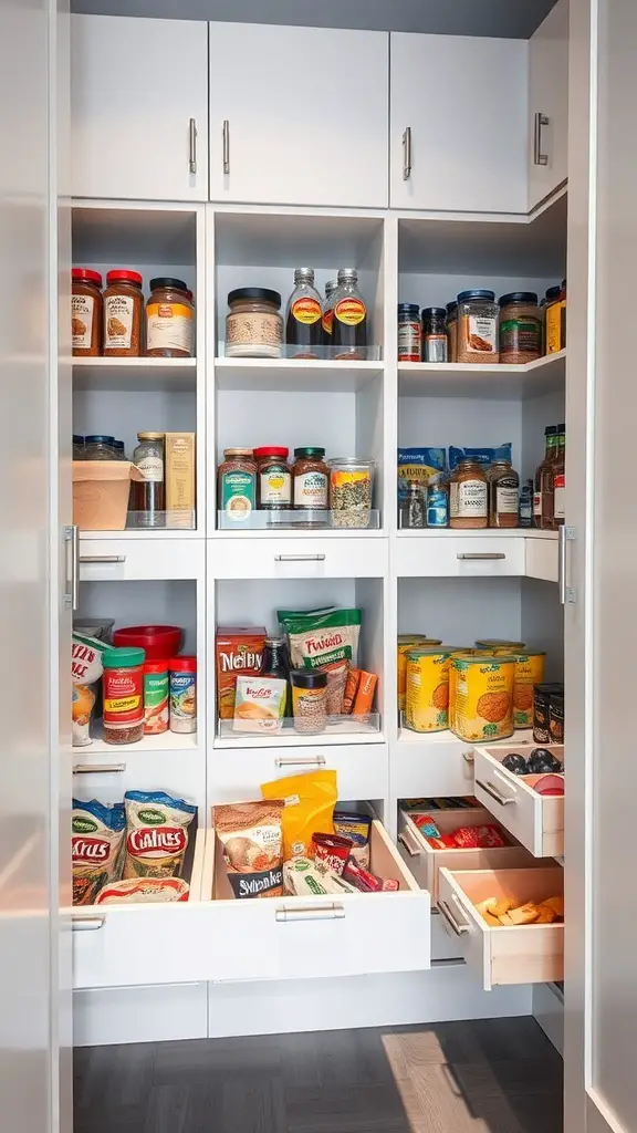 A well-organized closet pantry featuring pull-out drawers filled with various food items.