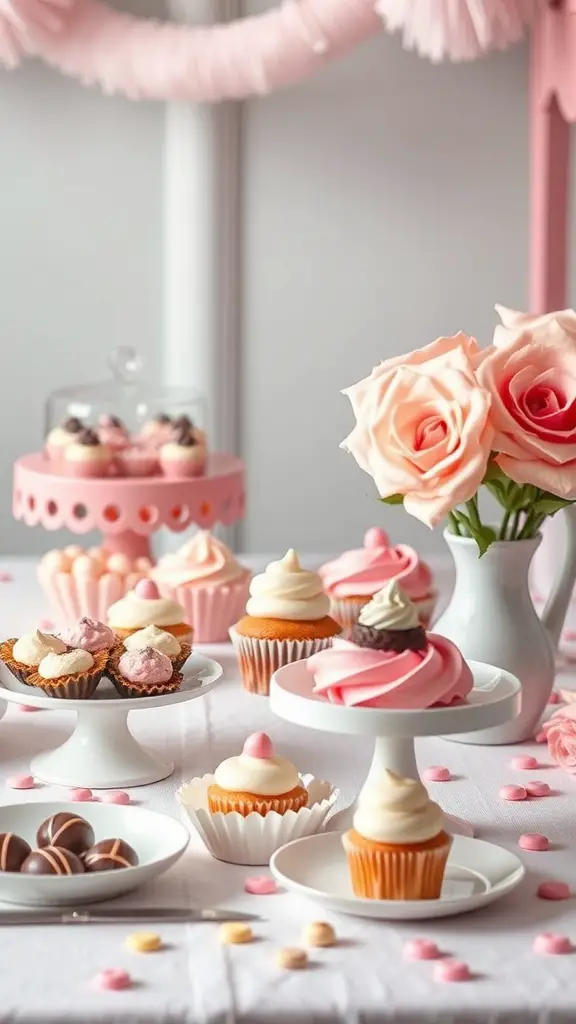 29+ Stunning Valentine's Tablescape Ideas to Impress Your Sweetheart 15 A beautifully arranged Valentine's tablescape featuring pink and white cupcakes, chocolates, and fresh roses.
