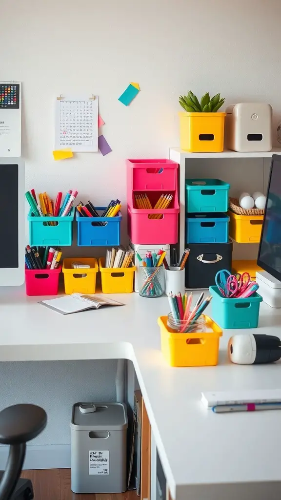 29+ Creative Bin Organization Ideas 2 A colorful and organized office supply setup with various bins for pens, pencils, and other supplies.