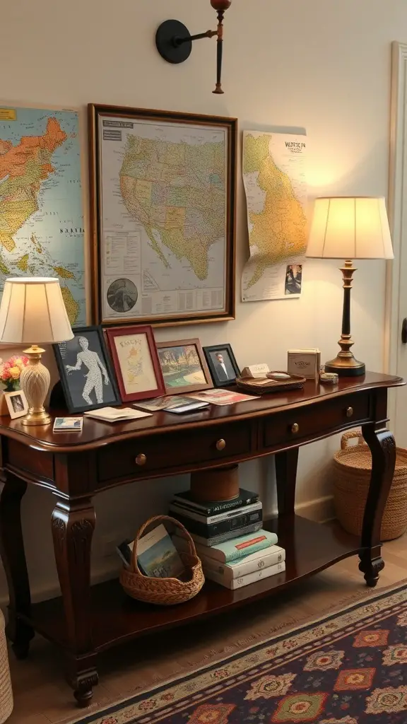 27+ Stunning Console Table Decor Ideas You Need to Try 16 A console table decorated with maps, travel memorabilia, and warm lighting.