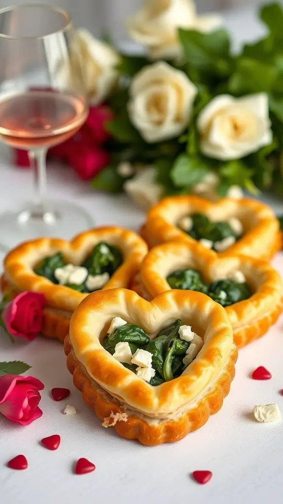 Puff pastry hearts filled with spinach and feta, surrounded by roses and a glass of wine.