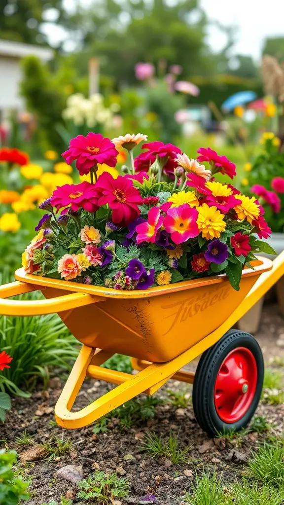 29+ Creative Wheelbarrow Garden Ideas 11 A bright yellow wheelbarrow filled with colorful flowers in a garden setting.