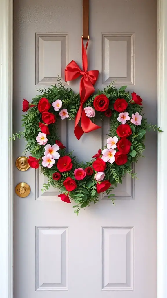 23+ Gorgeous Valentine's Day Porch Decor Ideas You’ll Love 7 A heart-shaped wreath with red roses, pink flowers, and a red bow hanging on a door.