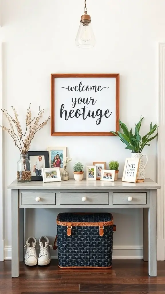 A welcoming entryway table with a sign, photos, plants, and storage.