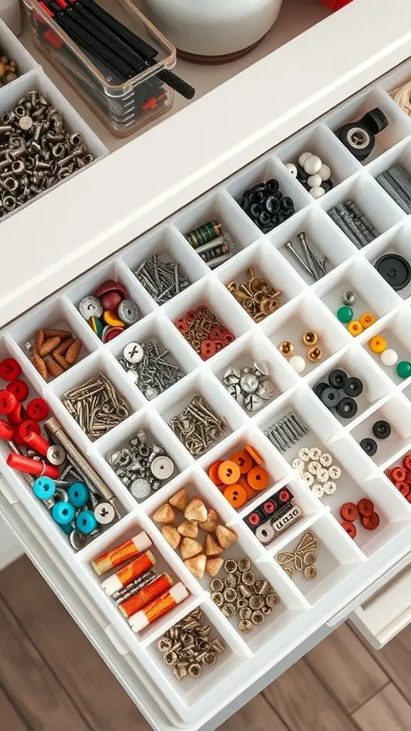 A neatly organized drawer with various small items in clear plastic box inserts.