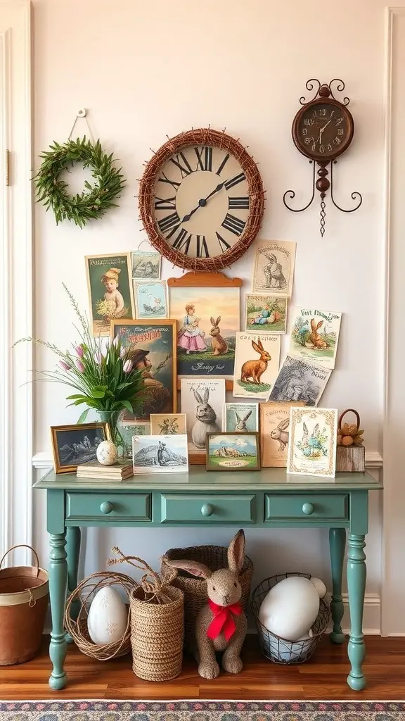 A vintage Easter postcard display on an entryway table with a clock and a wreath.