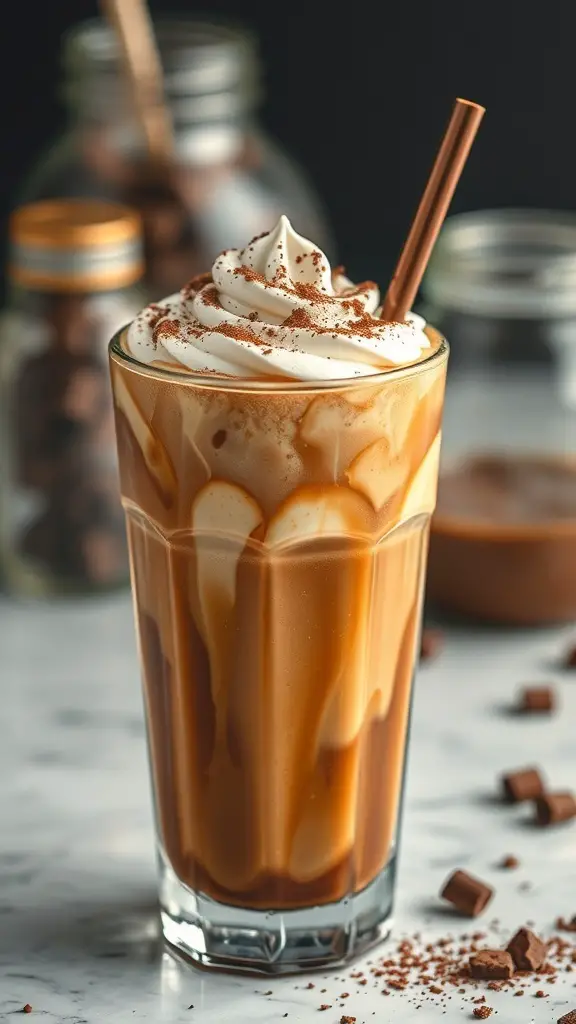A glass of iced coffee topped with vanilla cream and cocoa powder.