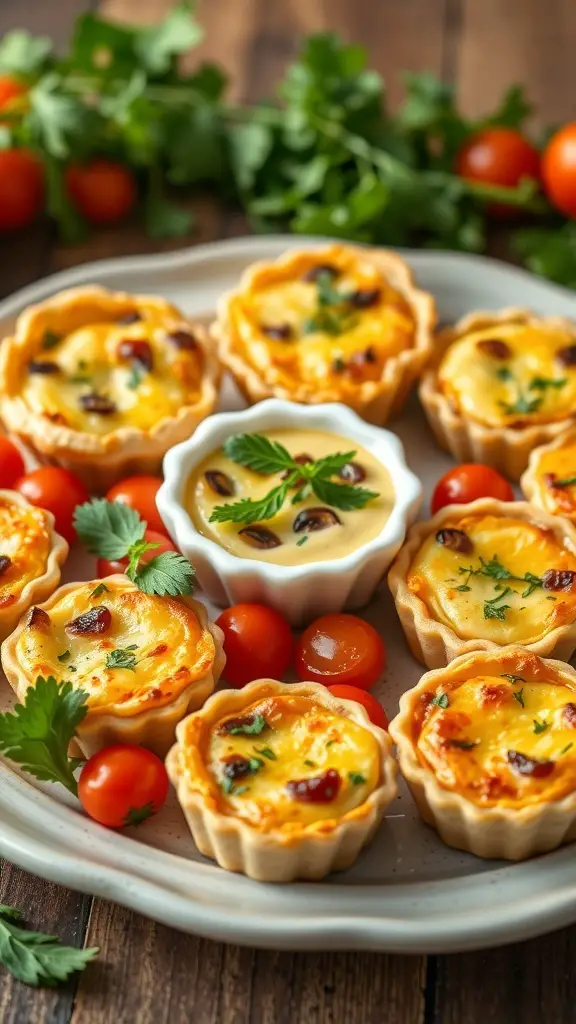 A plate of mini quiches with various fillings, surrounded by cherry tomatoes and fresh herbs.