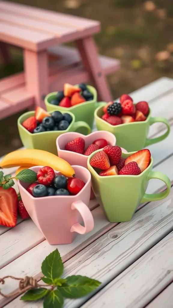 23+ Heart-Shaped Food Ideas 4 Colorful heart-shaped fruit salad cups filled with various fruits on a wooden table.