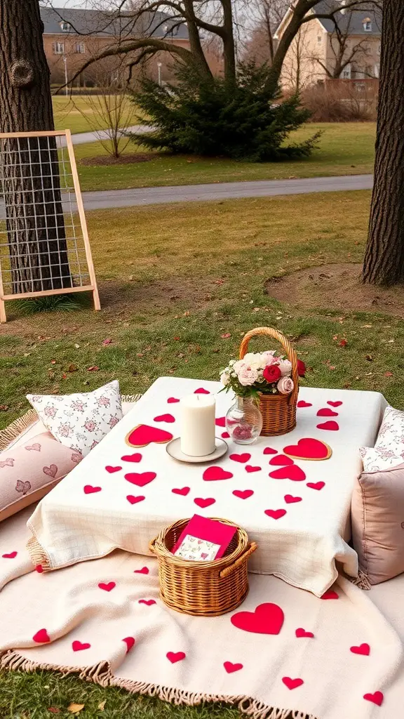 29+ Stunning Valentine's Tablescape Ideas to Impress Your Sweetheart 14 Cozy picnic setup with a blanket, heart decorations, flowers, and a candle.