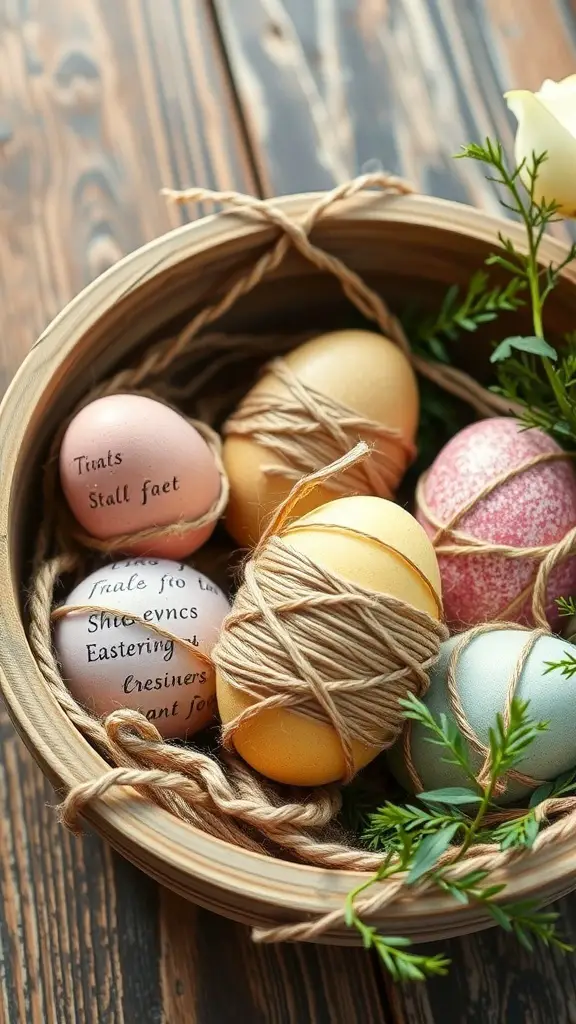A bowl filled with twine-wrapped Easter eggs in soft colors, surrounded by greenery.