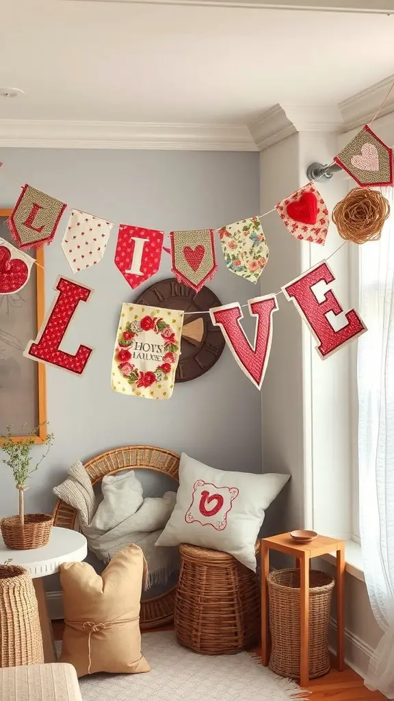 29+ Creative Upcycled Valentine’s Day Decorations to Make This Year 4 Colorful fabric scrap love banner hanging in a cozy room