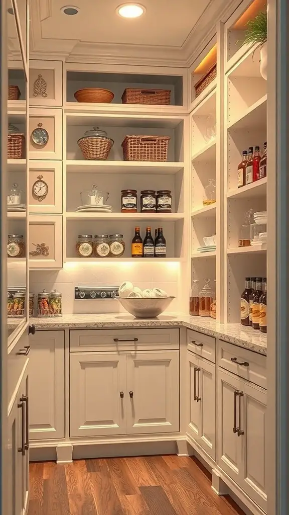 27+ Creative Corner Kitchen Pantry Ideas to Maximize Your Space 15 A well-organized corner kitchen pantry with custom cabinetry, featuring shelves, jars, and a countertop.