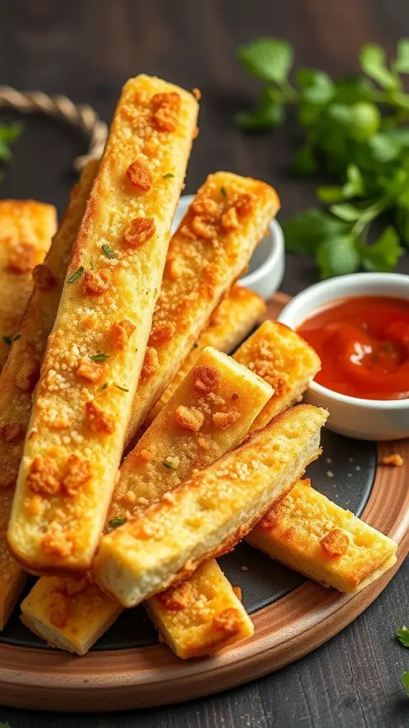 A plate of golden brown garlic parmesan breadsticks with a bowl of marinara sauce for dipping.