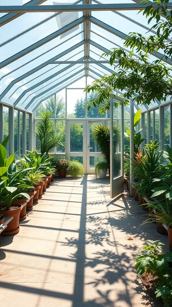 A bright modern greenhouse filled with various plants and ample sunlight.