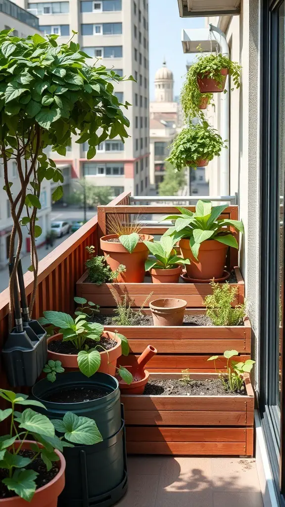 29+ Creative Balcony Storage Ideas 14 A balcony with tiered planter boxes filled with various plants and gardening tools.