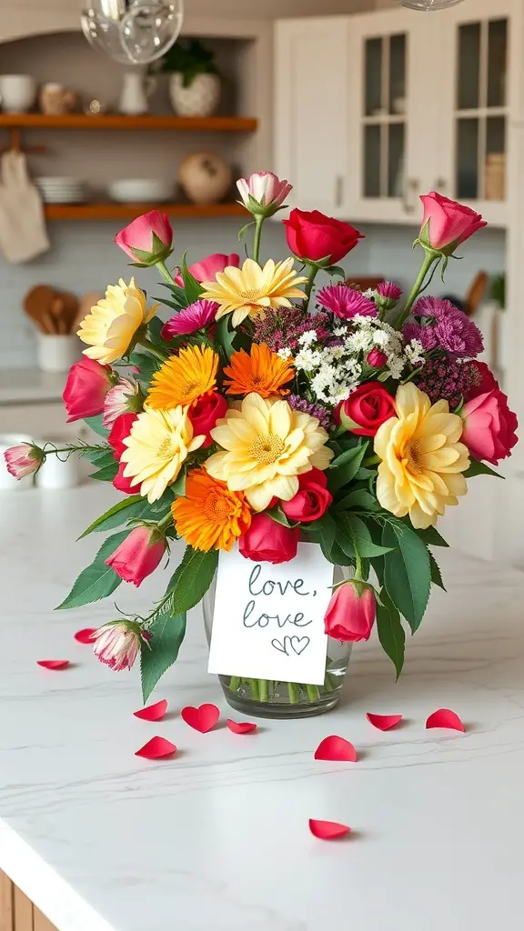 A colorful floral centerpiece with a note saying 'love, love' on a kitchen table.