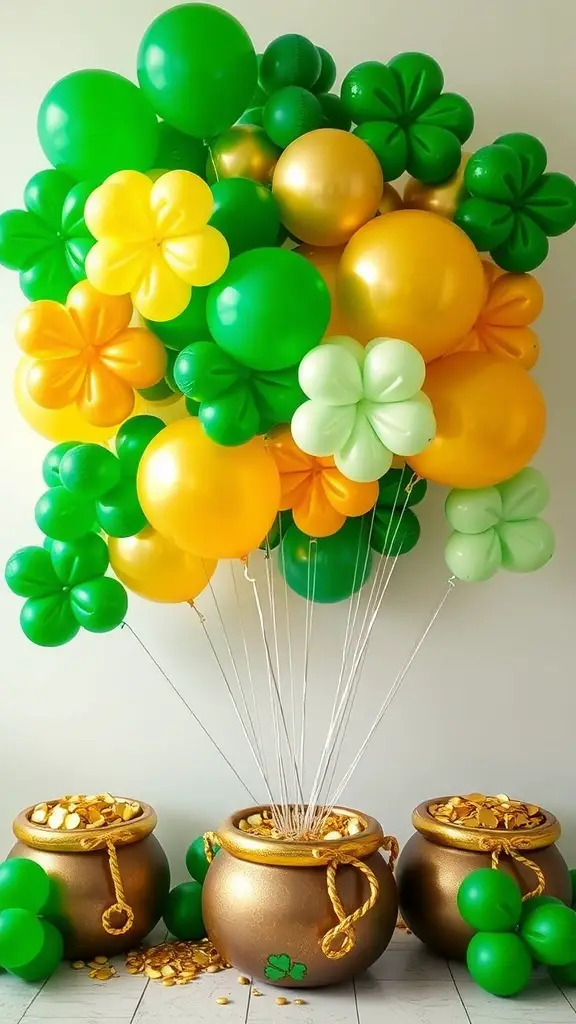 Colorful St. Patrick's Day balloon arrangement with shamrocks and golden pots
