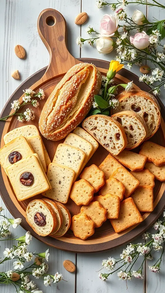 51+ Creative Easter Charcuterie Board Ideas 9 A wooden platter filled with artisan bread and assorted crackers, decorated with flowers.