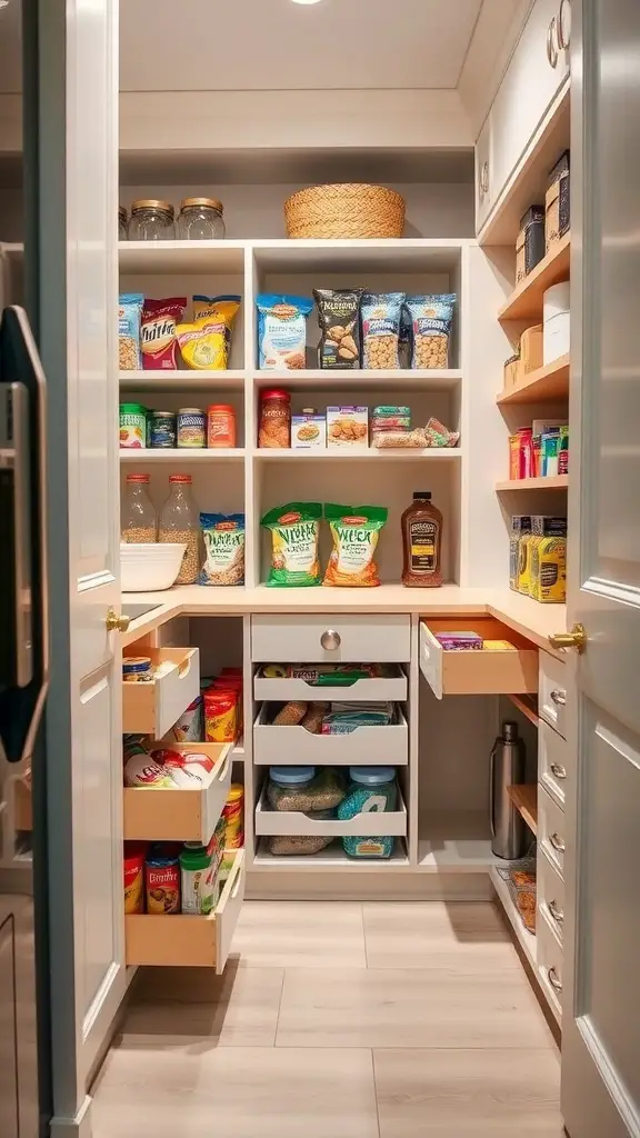29+ Creative Small Pantry Ideas to Maximize Space 12 A well-organized small pantry with pull-out drawers for hidden storage.